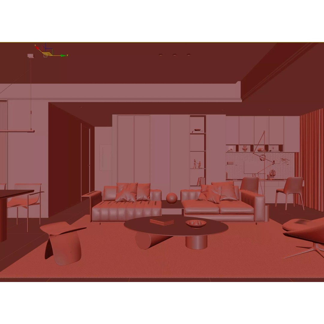 Luxury Living Space 3D Model – Modern Interior with Home Office, FBX - View 30