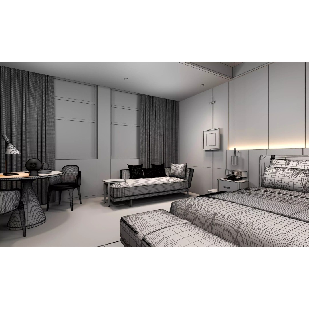 Hotel Bedroom 3D Model – Low Poly Interior Design, FBX, OBJ