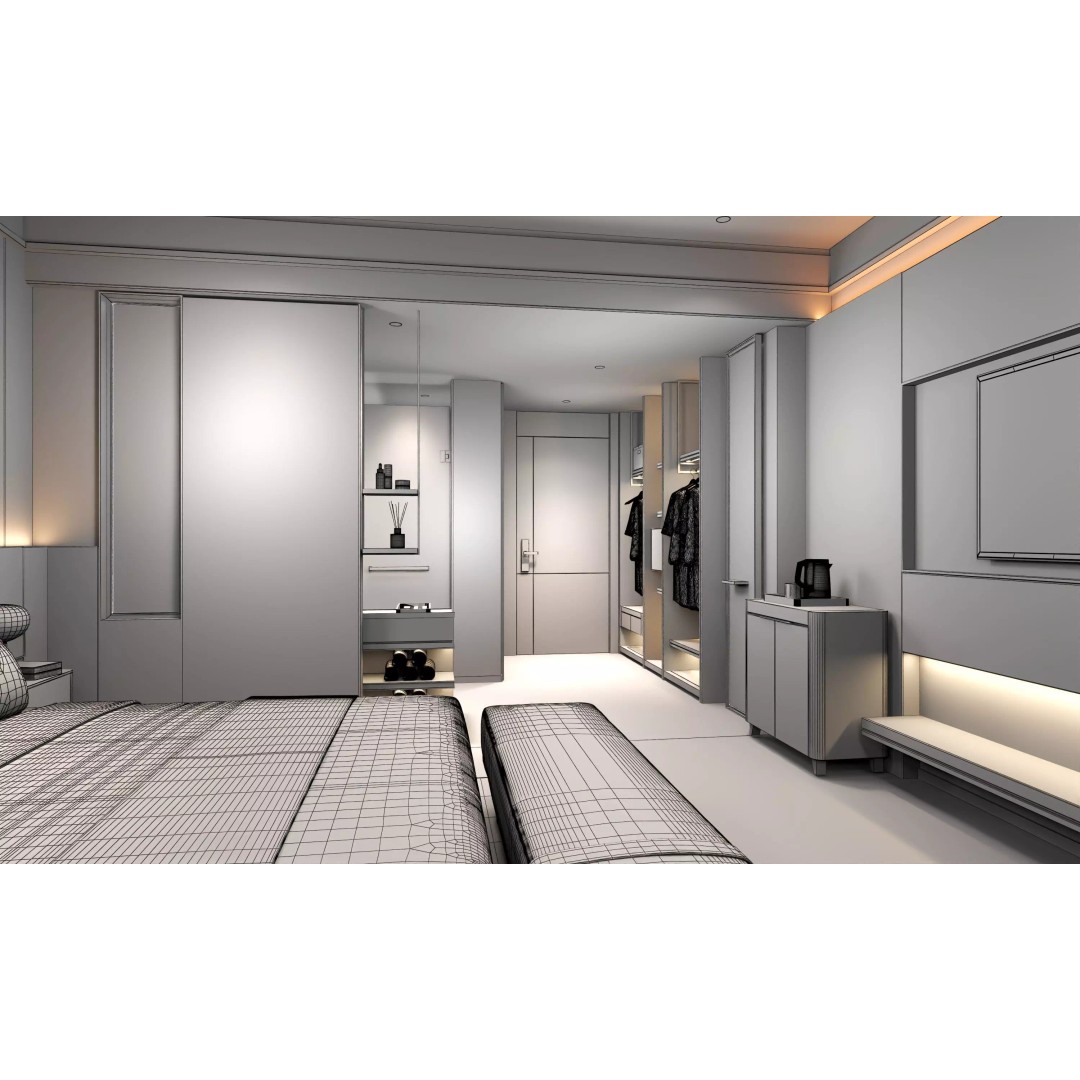 Hotel Bedroom 3D Model – Low Poly Interior Design, FBX, OBJ - View 17