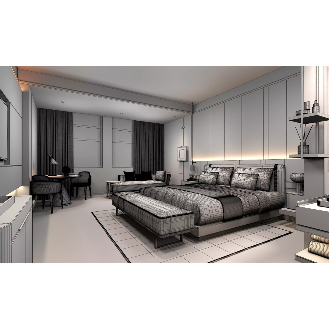 Hotel Bedroom 3D Model – Low Poly Interior Design, FBX, OBJ - View 19