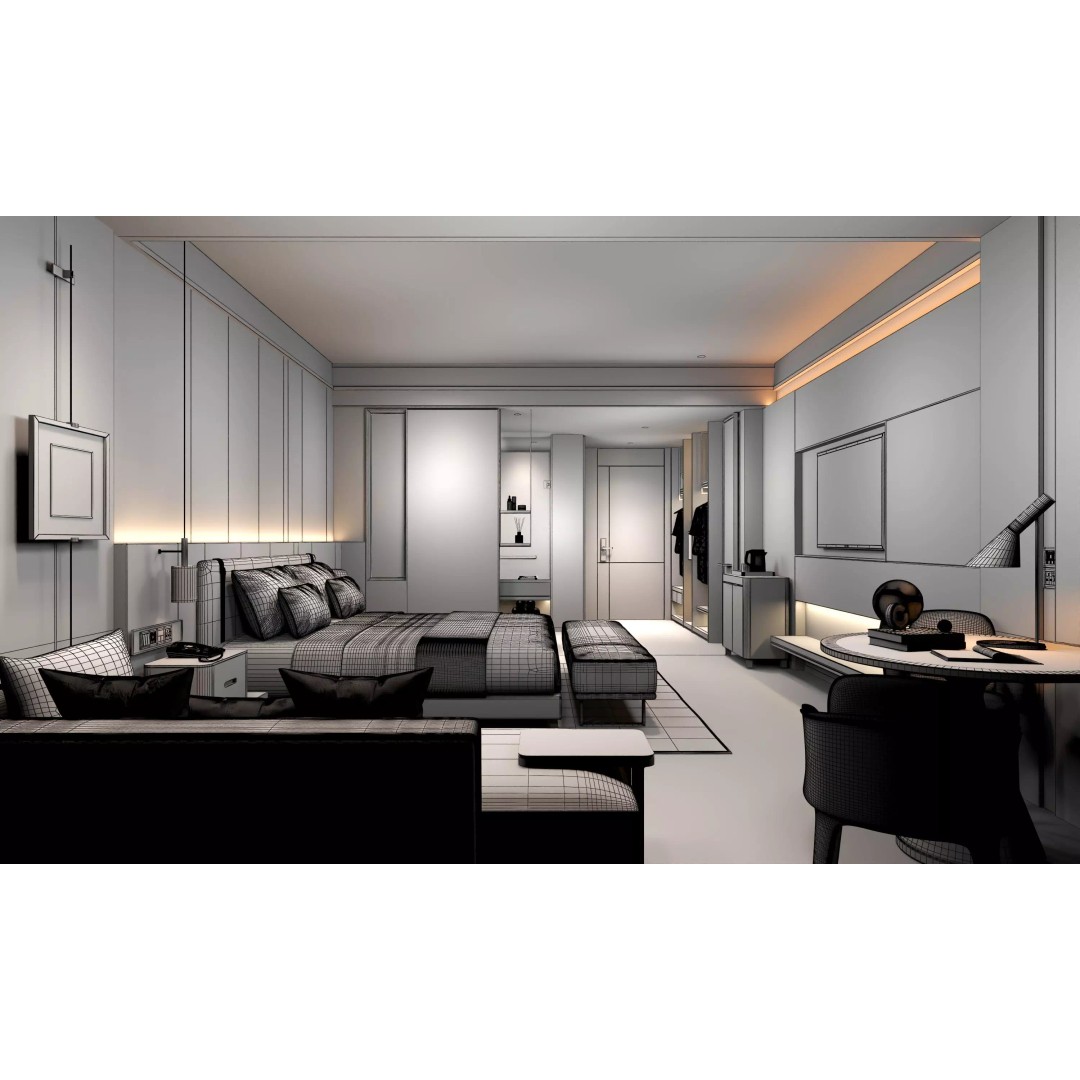 Hotel Bedroom 3D Model – Low Poly Interior Design, FBX, OBJ - View 20