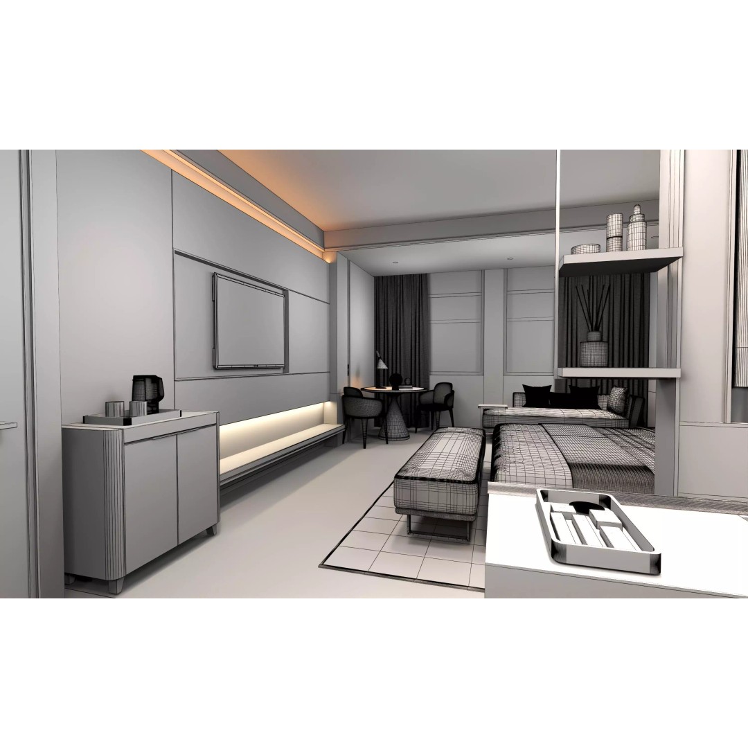 Hotel Bedroom 3D Model – Low Poly Interior Design, FBX, OBJ - View 21