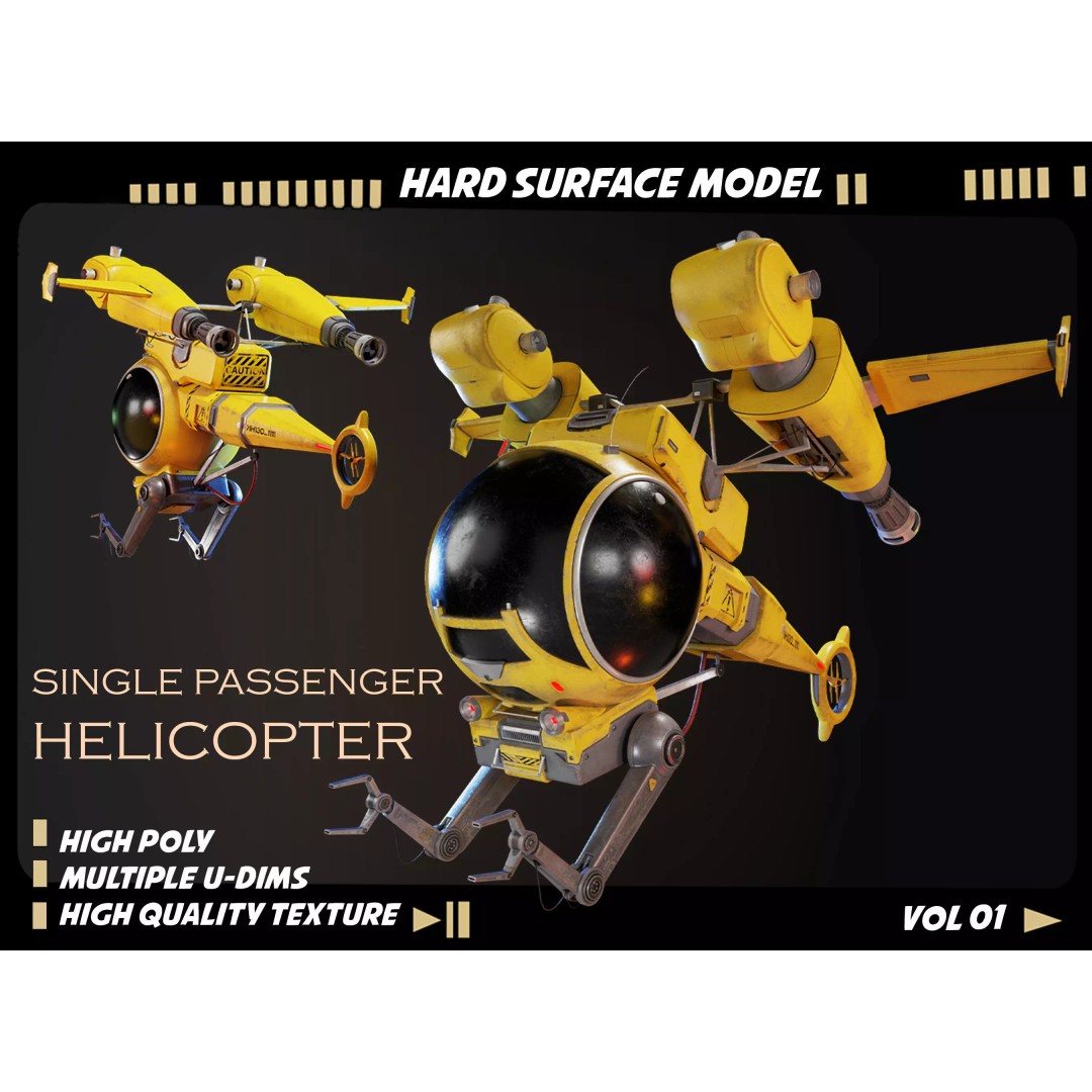 Single Passenger Helicopter 3D Model – High Poly PBR Asset, FBX, OBJ - View 2