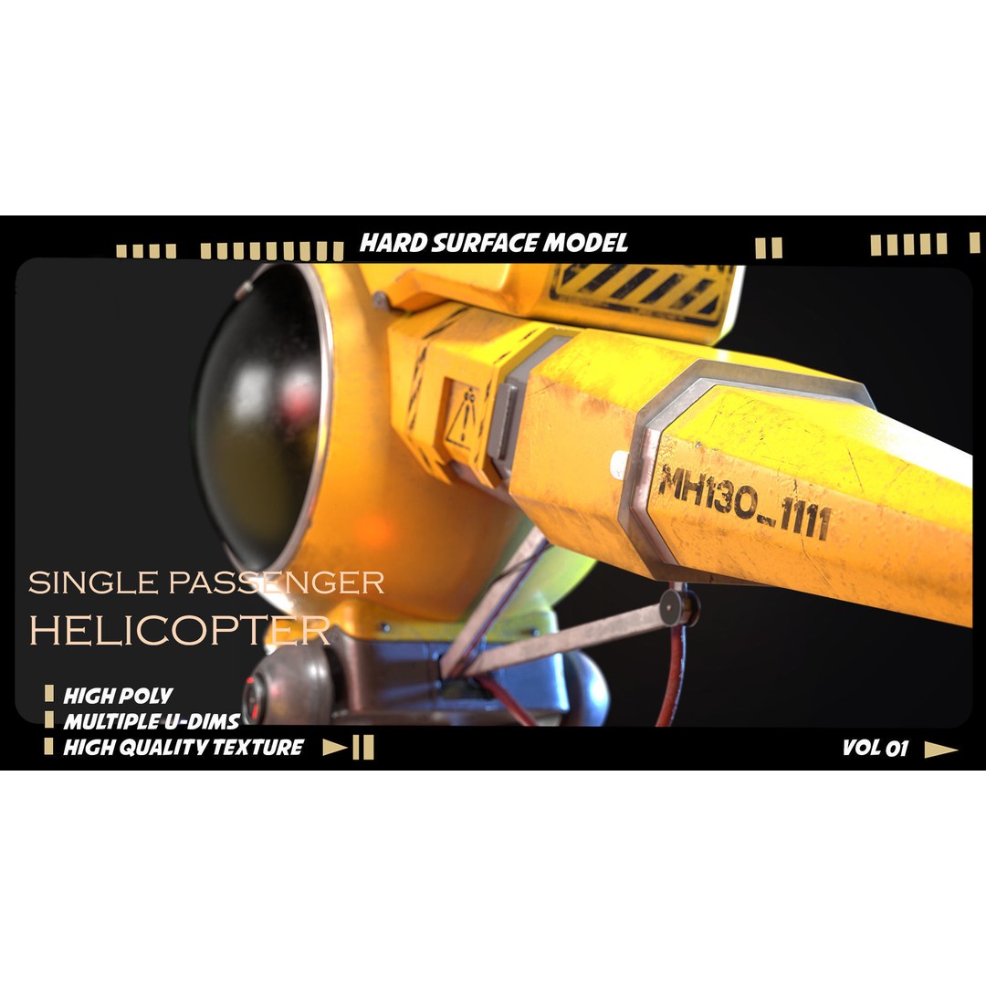 Single Passenger Helicopter 3D Model – High Poly PBR Asset, FBX, OBJ - View 5