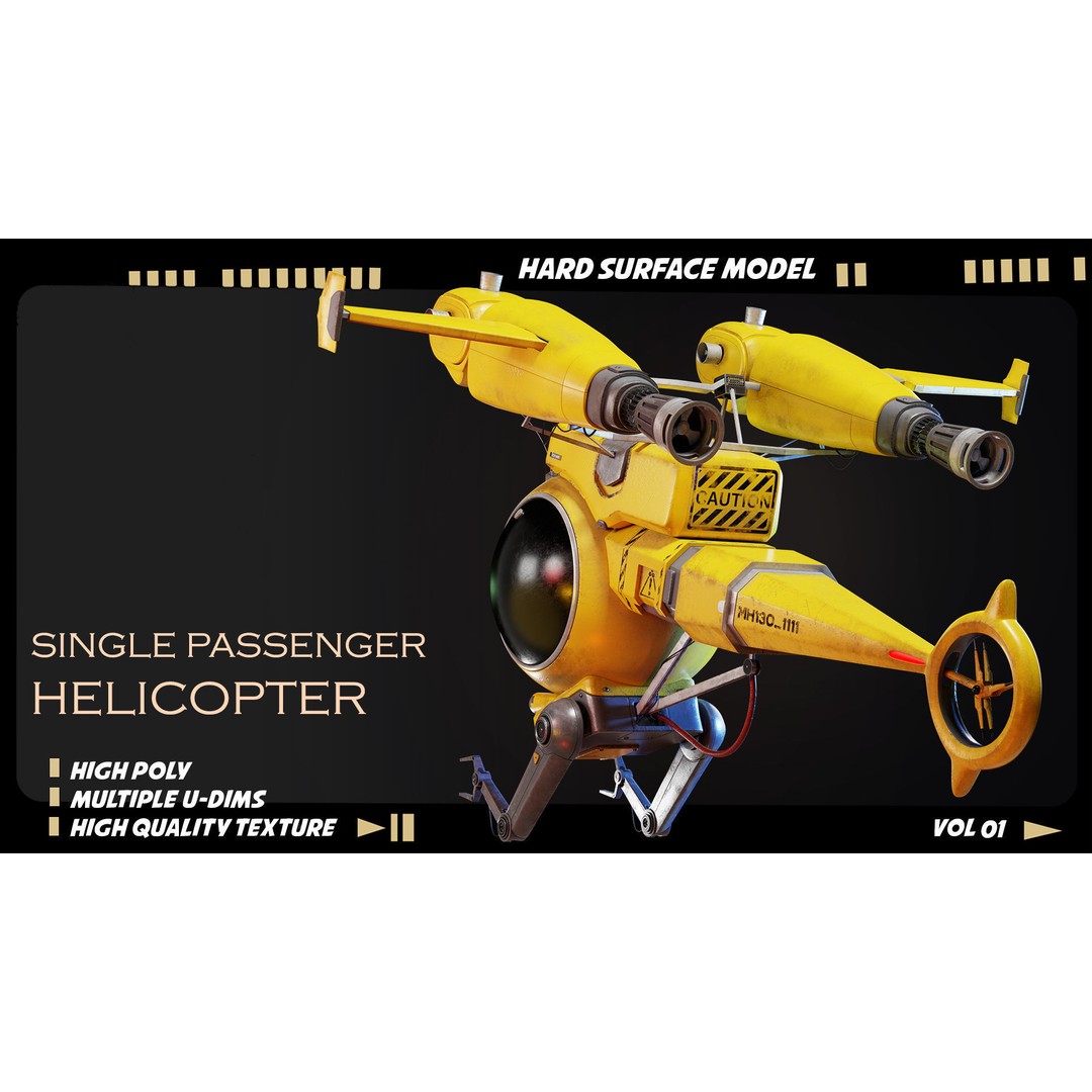 Single Passenger Helicopter 3D Model – High Poly PBR Asset, FBX, OBJ - View 7