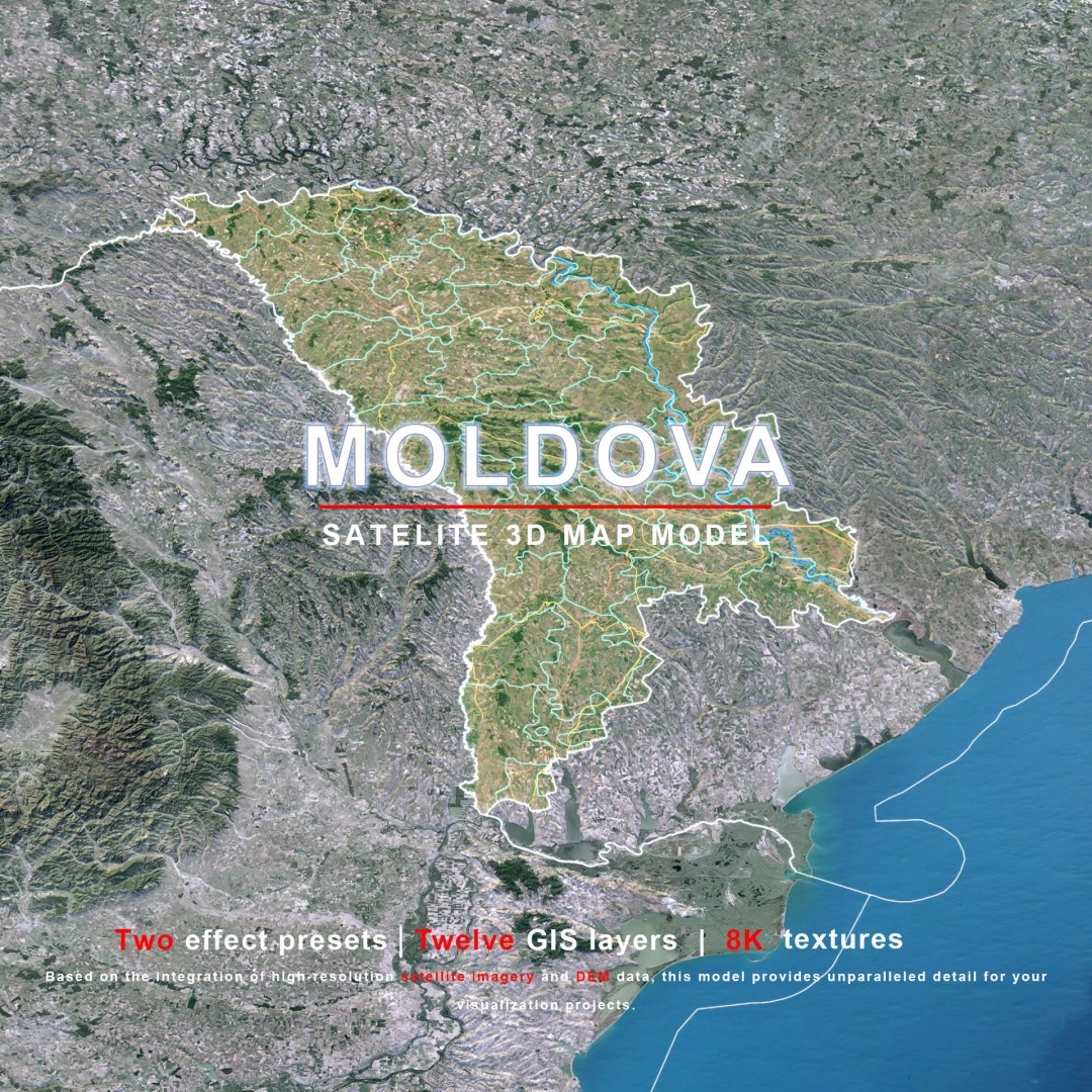 Moldova Map 3D Model – 8K Realistic Satellite Terrain, FBX, OBJ - View 2