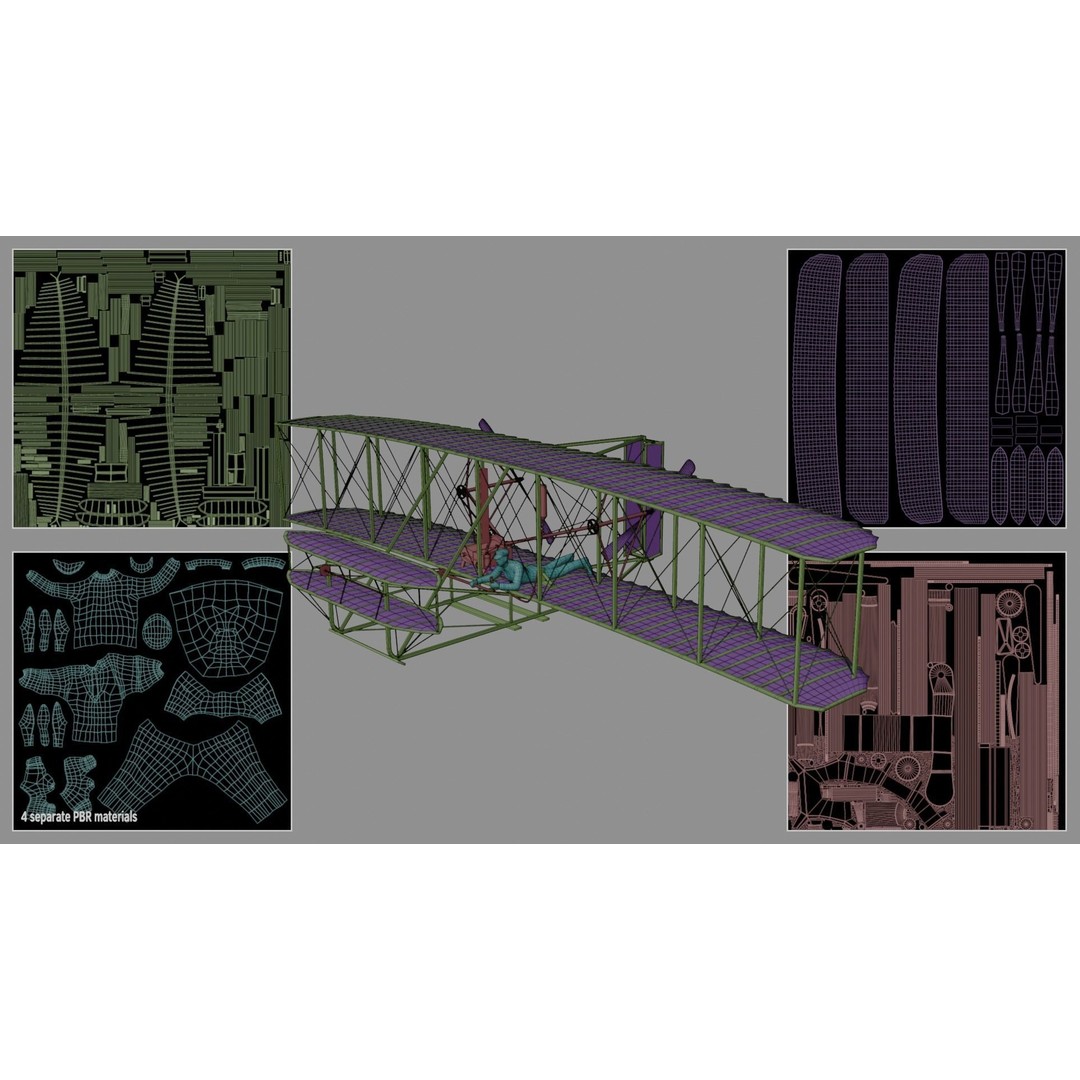 Wright Flyer 3D Model – Historic Aircraft with Rigging and PBR Textures - View 10