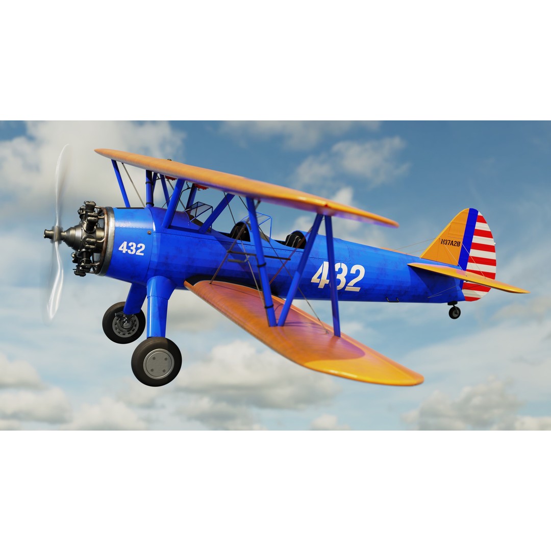 Boeing-Stearman Model 75 Biplane 3D Model – Rigged PBR Asset for Blender - View 3