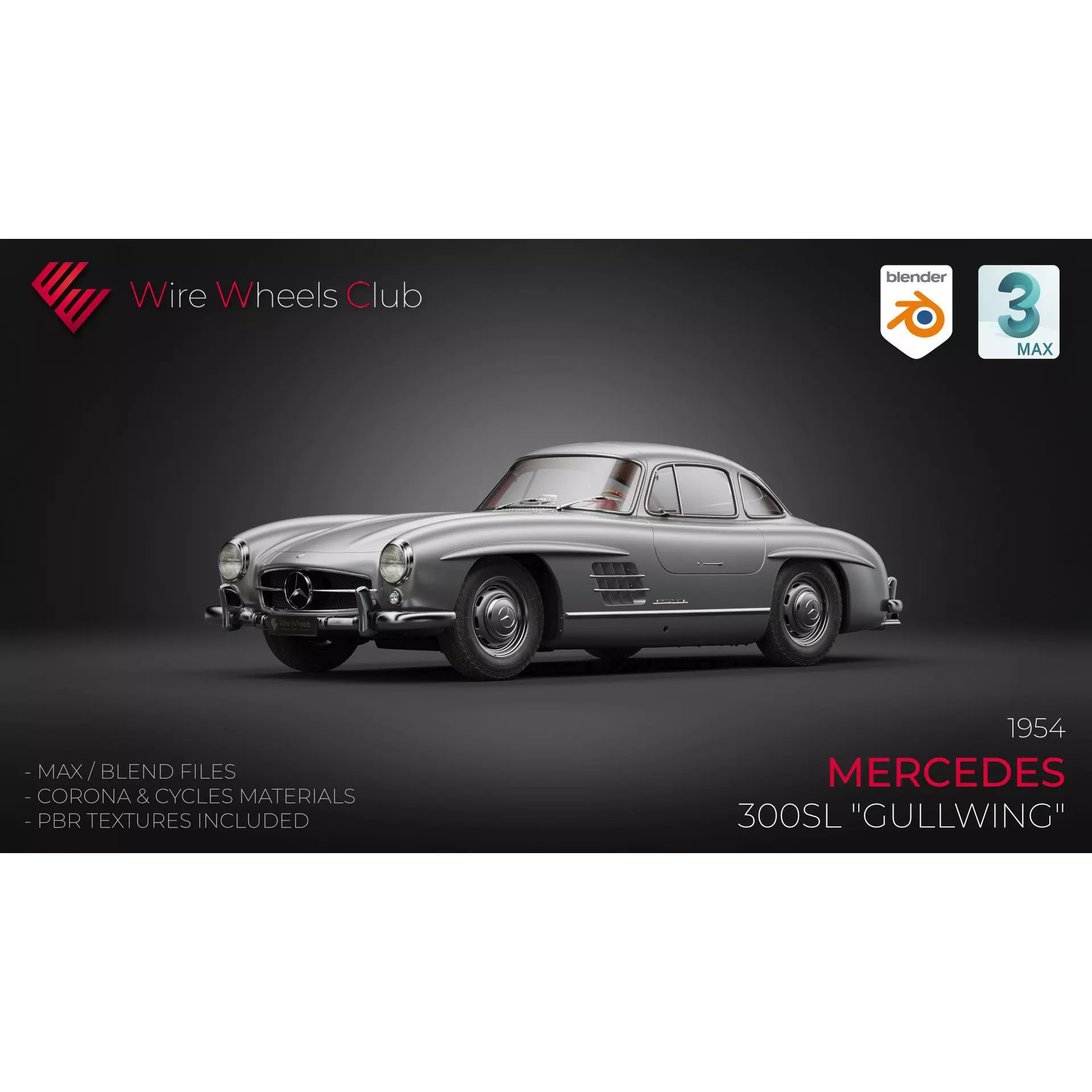 1954 Mercedes 300SL - High-Poly Game-Ready 3D Model - View 2