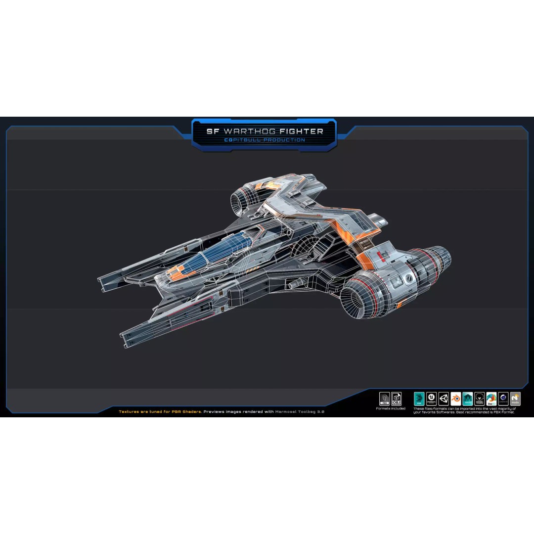 SF Warthog Fighter 3D Model – Low Poly Spacecraft, FBX, OBJ