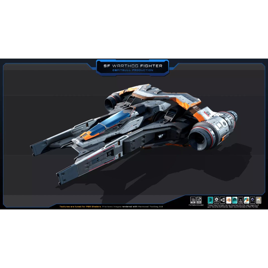 SF Warthog Fighter 3D Model – Low Poly Spacecraft, FBX, OBJ - View 3