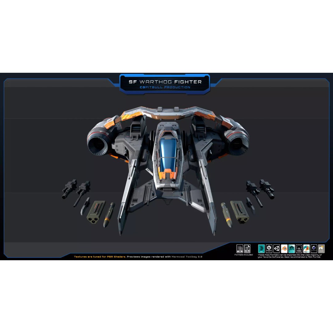 SF Warthog Fighter 3D Model – Low Poly Spacecraft, FBX, OBJ - View 4