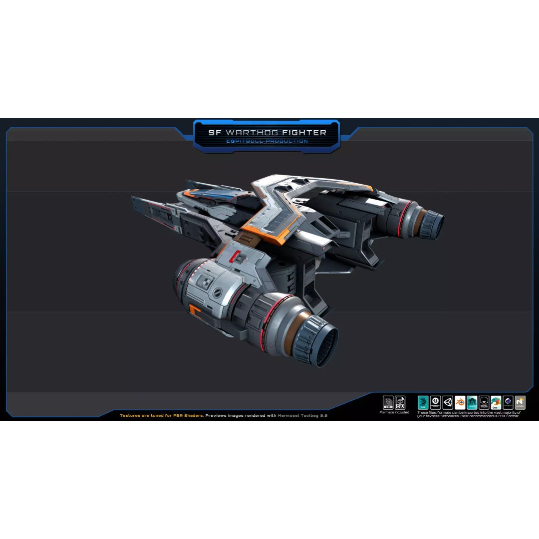 SF Warthog Fighter 3D Model – Low Poly Spacecraft, FBX, OBJ - View 6