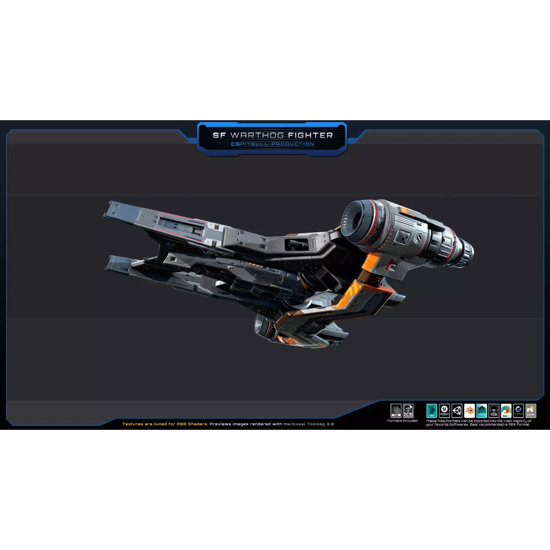 SF Warthog Fighter 3D Model – Low Poly Spacecraft, FBX, OBJ - View 7