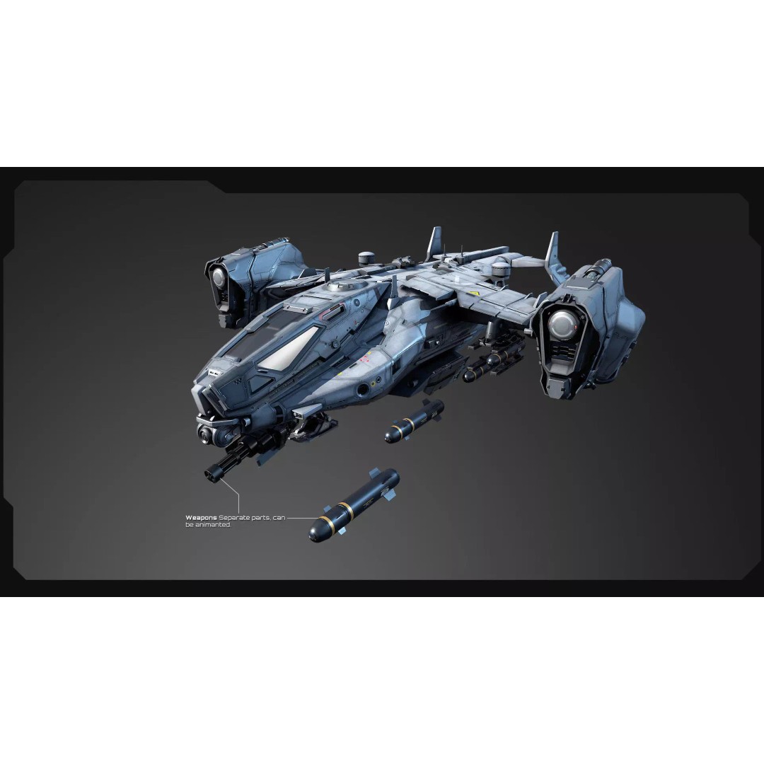 SF Heavy Military Dropship 3D Model – Low Poly Sci-Fi Aircraft, FBX - View 12