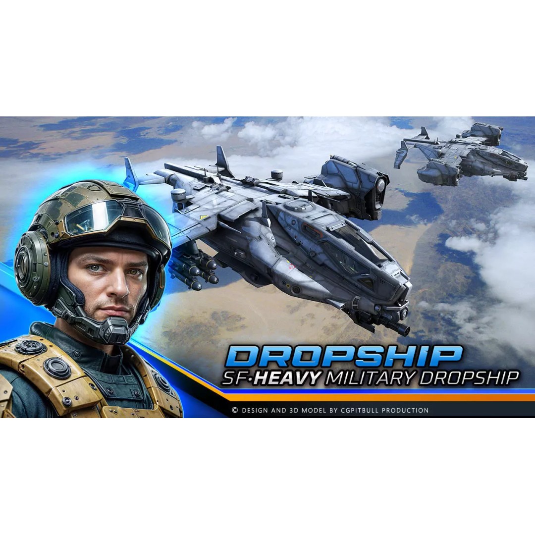 SF Heavy Military Dropship 3D Model – Low Poly Sci-Fi Aircraft, FBX - View 2