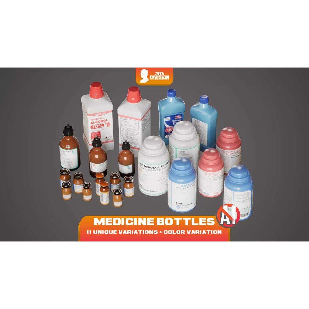 Medicine Bottles and Vials 3D Model – Low Poly PBR Game Asset, FBX - View 2