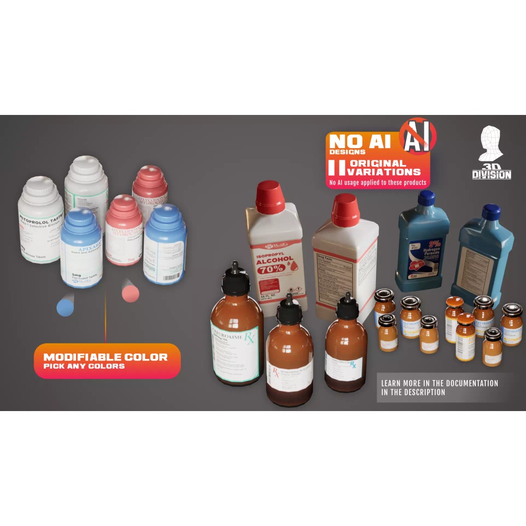 Medicine Bottles and Vials 3D Model – Low Poly PBR Game Asset, FBX - View 3