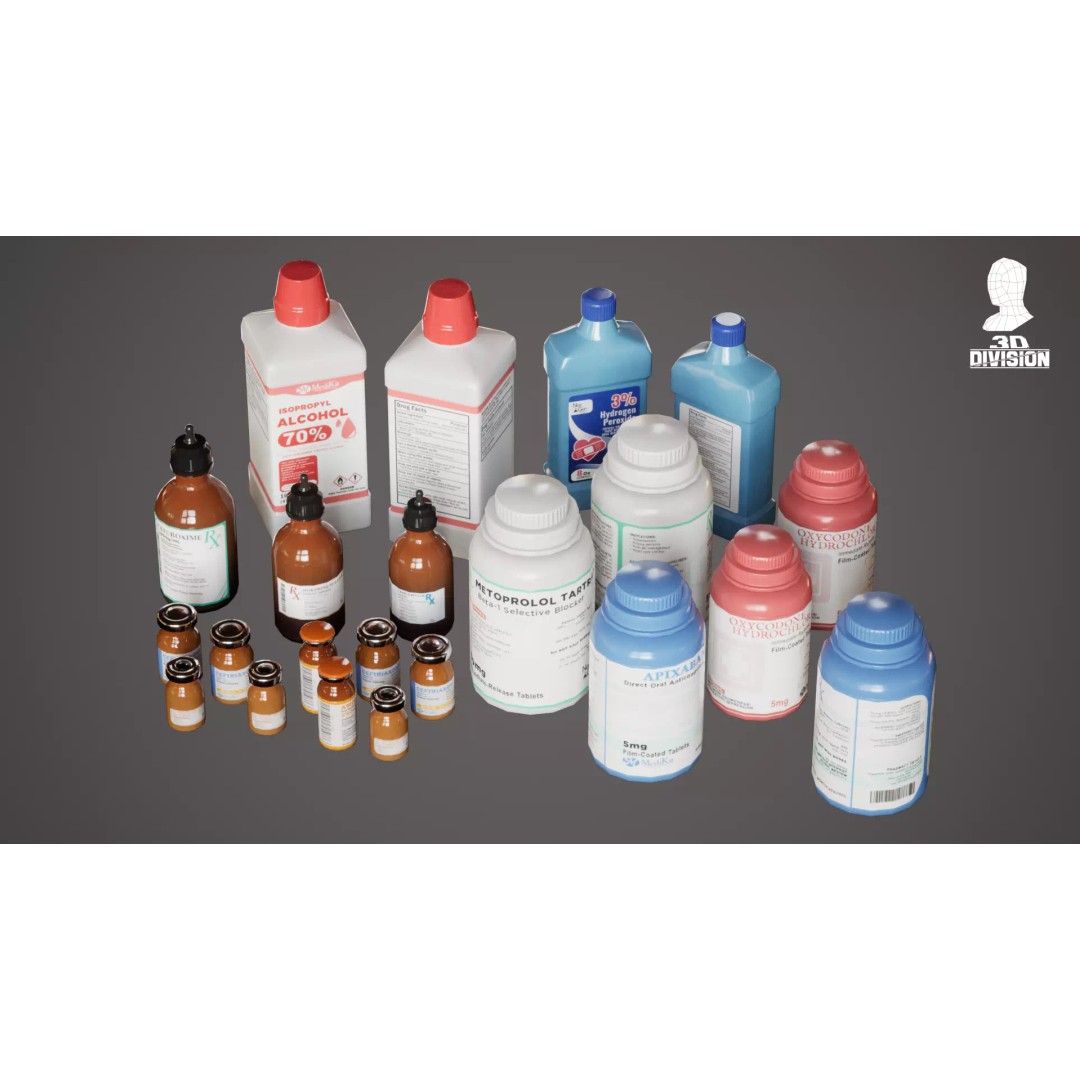 Medicine Bottles and Vials 3D Model – Low Poly PBR Game Asset, FBX - View 4