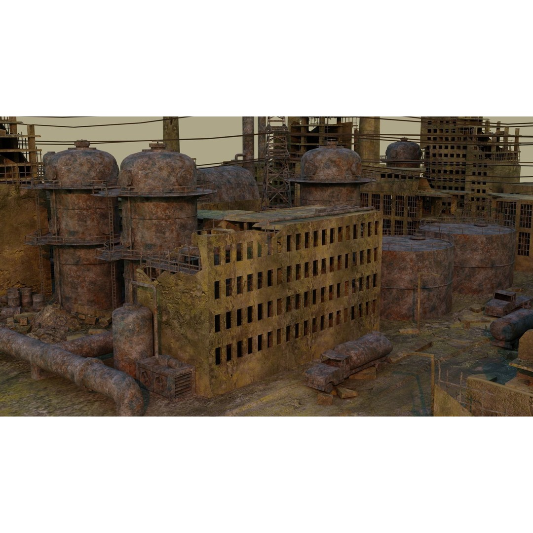 Ruined Factory 3D Model – Detailed Post-Apocalyptic Scene, PBR Textures