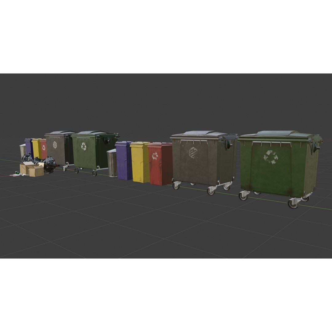 Urban Trash Dumpsters and Bins 3D Model – Low Poly PBR Collection, FBX, OBJ - View 12