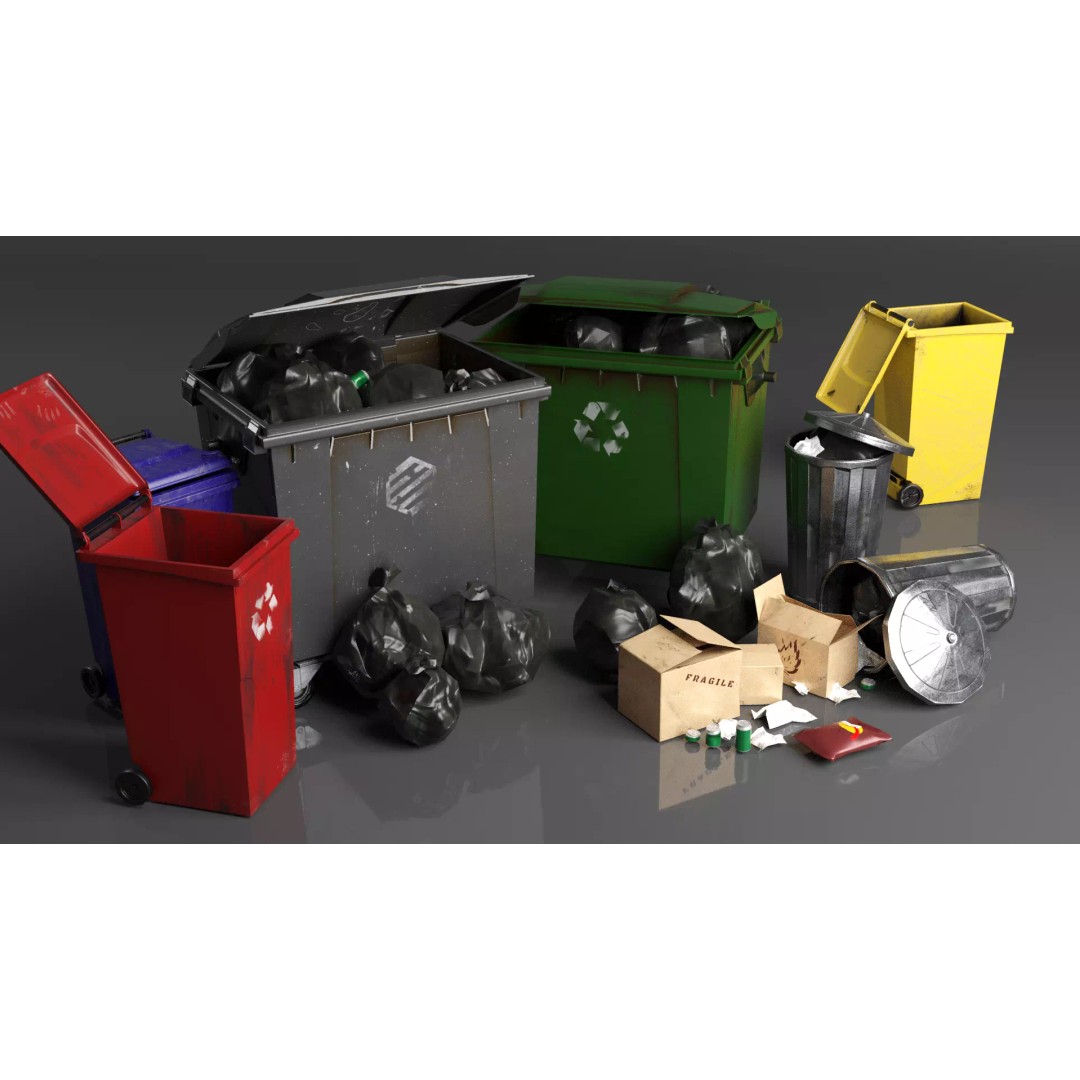 Urban Trash Dumpsters and Bins 3D Model – Low Poly PBR Collection, FBX, OBJ - View 2
