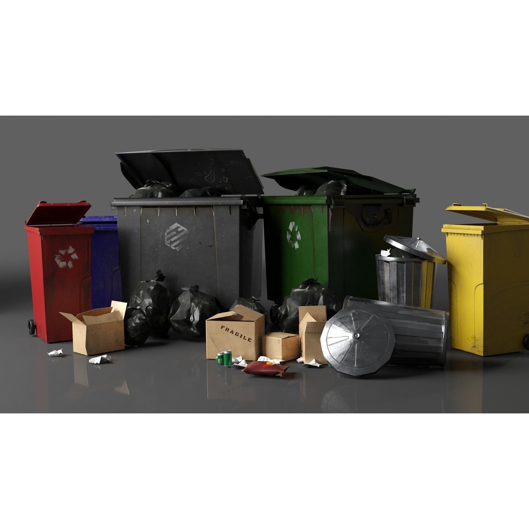 Urban Trash Dumpsters and Bins 3D Model – Low Poly PBR Collection, FBX, OBJ - View 3