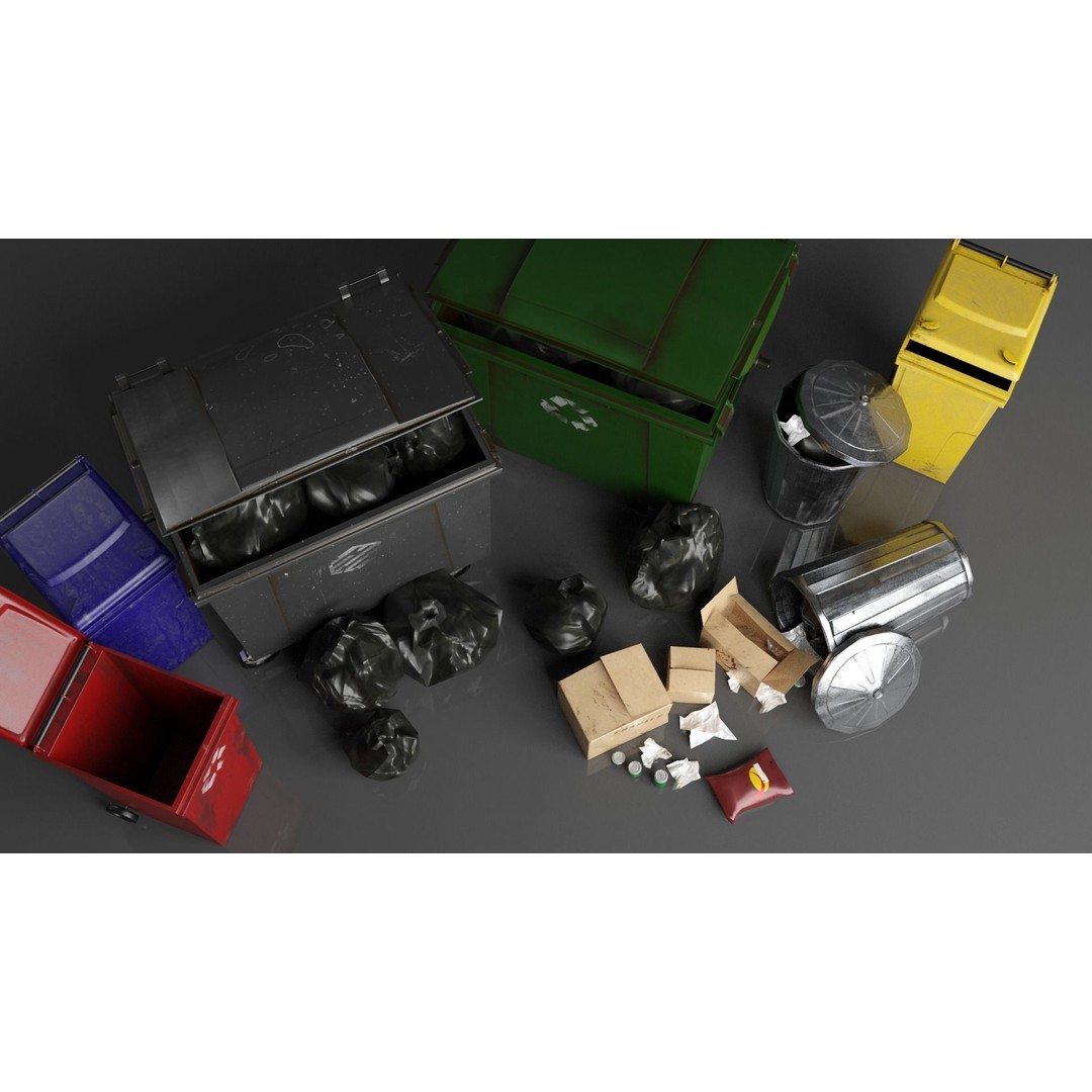 Urban Trash Dumpsters and Bins 3D Model – Low Poly PBR Collection, FBX, OBJ - View 4