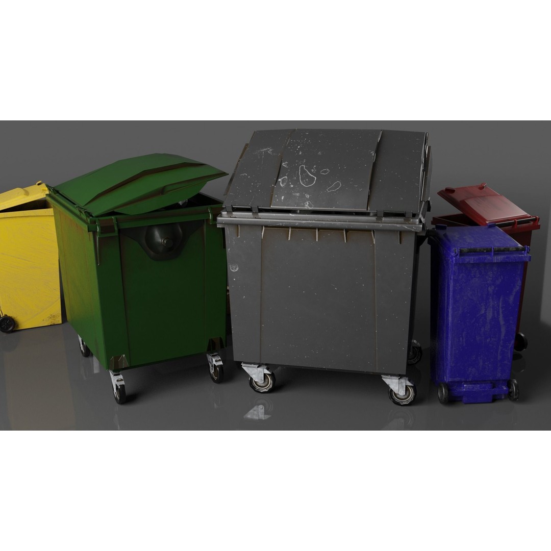 Urban Trash Dumpsters and Bins 3D Model – Low Poly PBR Collection, FBX, OBJ - View 5