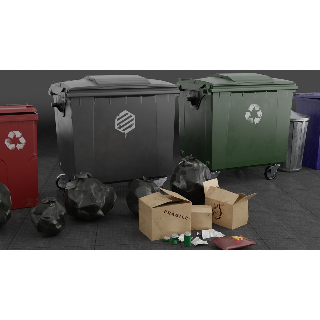 Urban Trash Dumpsters and Bins 3D Model – Low Poly PBR Collection, FBX, OBJ - View 6