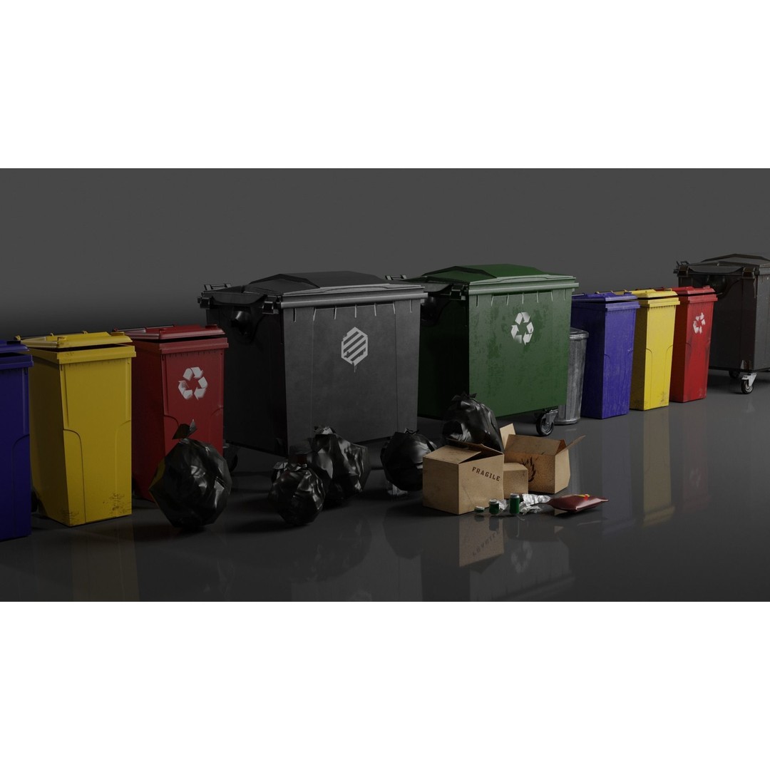 Urban Trash Dumpsters and Bins 3D Model – Low Poly PBR Collection, FBX, OBJ - View 7