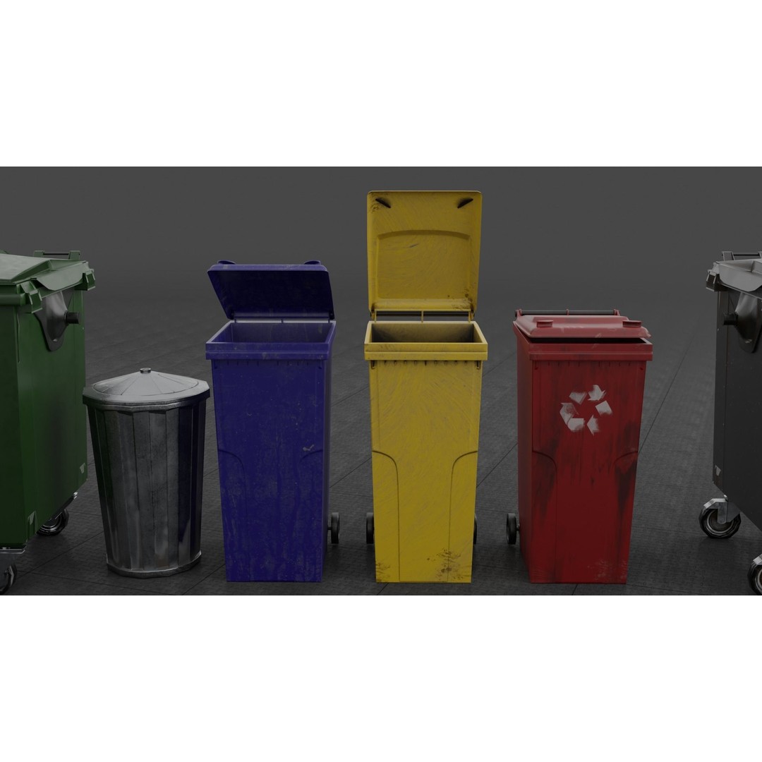 Urban Trash Dumpsters and Bins 3D Model – Low Poly PBR Collection, FBX, OBJ - View 8