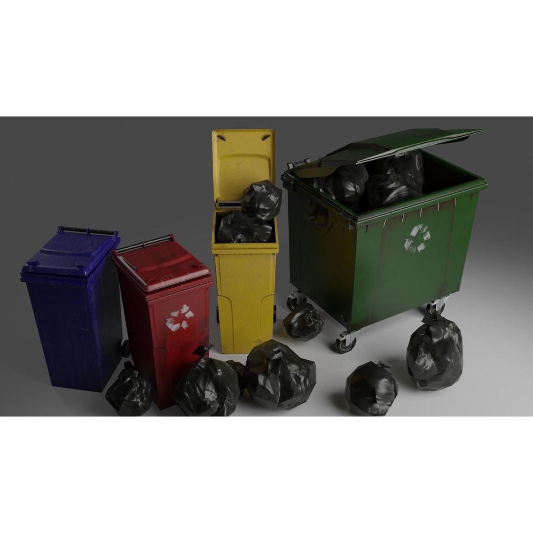 Urban Trash Dumpsters and Bins 3D Model – Low Poly PBR Collection, FBX, OBJ - View 9