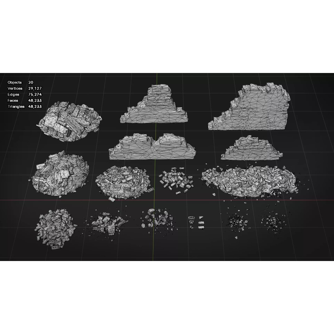 Destroyed Brick Wall Debris Pack 3D Model – Low Poly Game Ready Assets, FBX - View 11