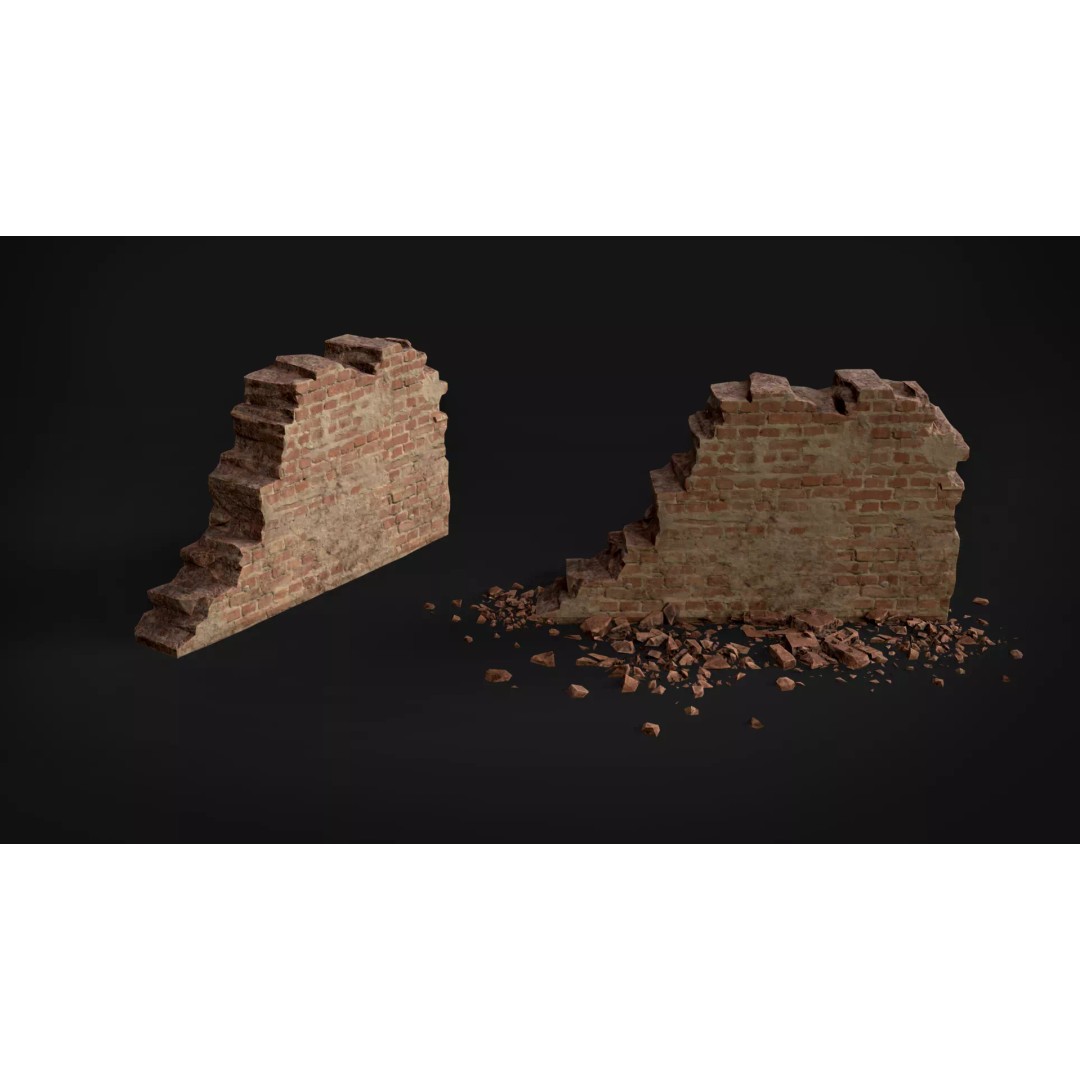 Destroyed Brick Wall Debris Pack 3D Model – Low Poly Game Ready Assets, FBX - View 12