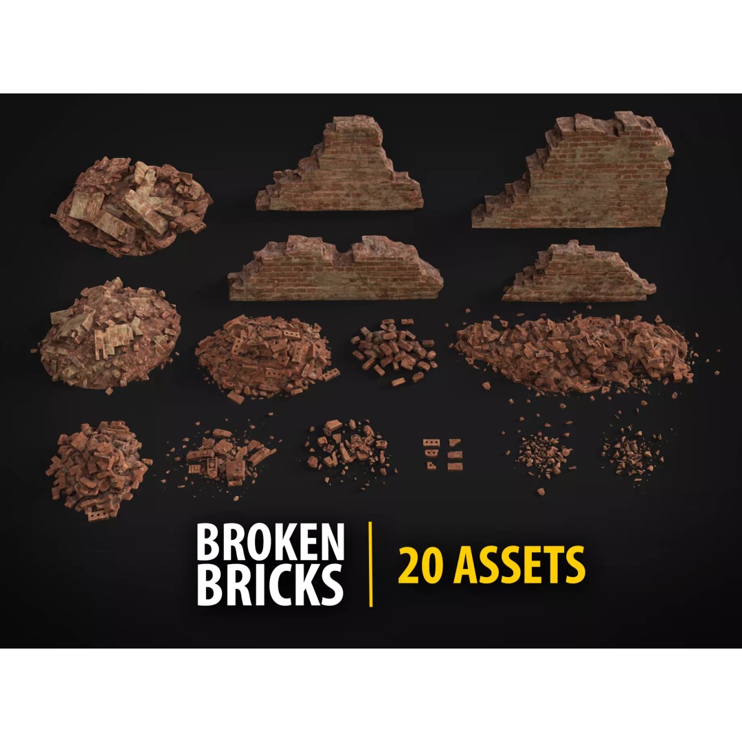 Destroyed Brick Wall Debris Pack 3D Model – Low Poly Game Ready Assets, FBX - View 2