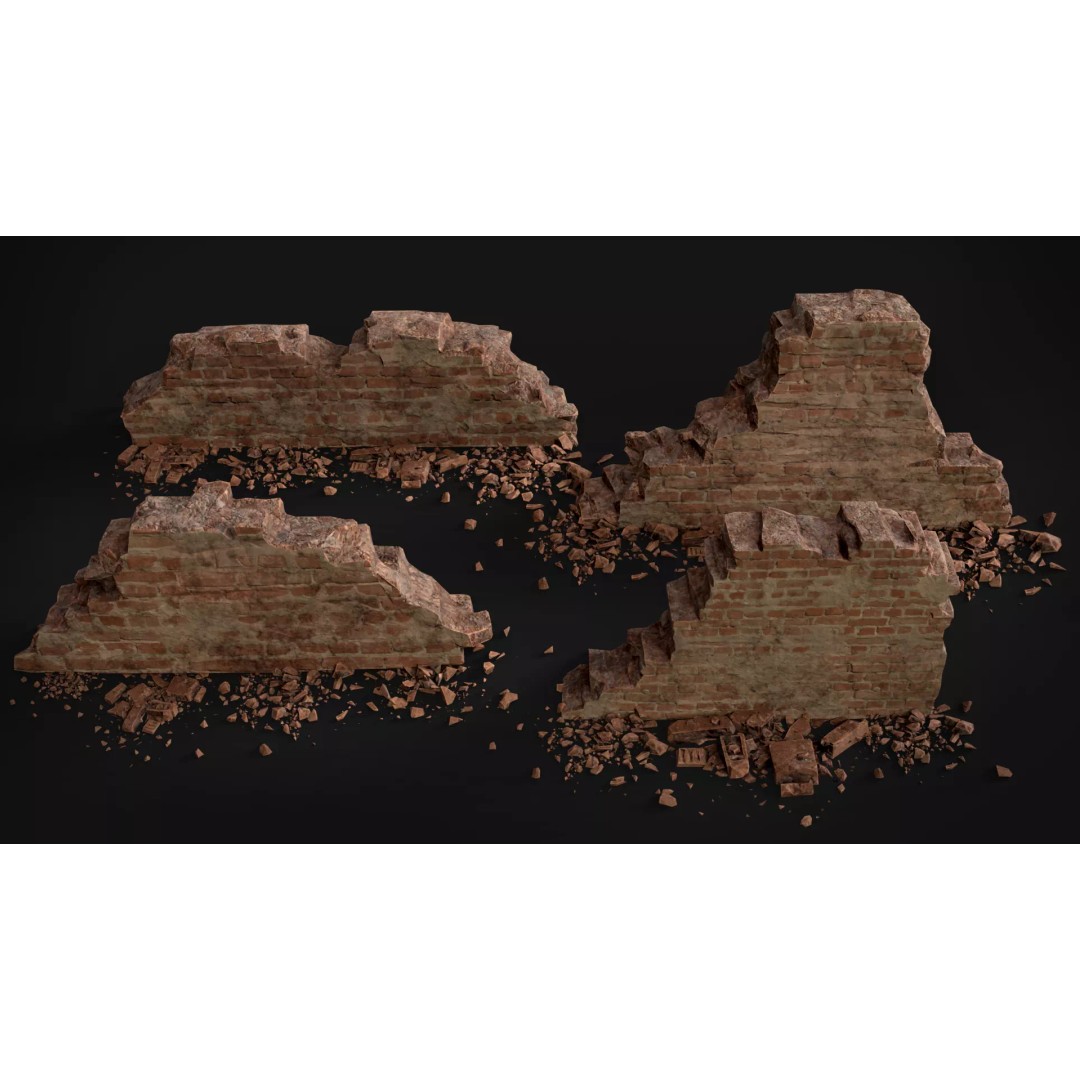 Destroyed Brick Wall Debris Pack 3D Model – Low Poly Game Ready Assets, FBX - View 3