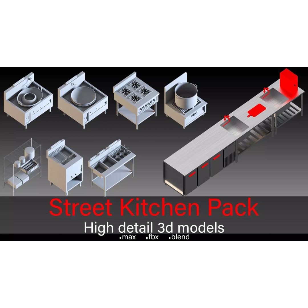 Street Food Kitchen 3D Model – Outdoor Restaurant Equipment, FBX & Blender - View 2