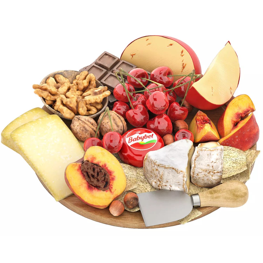 Plate of Cheese, Nuts, and Fruits 3D Model – High Poly PBR Asset, OBJ - View 2