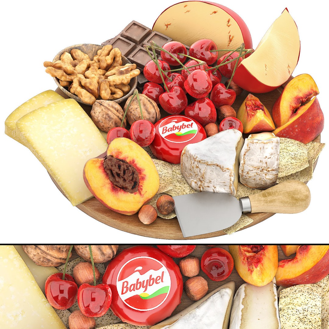 Plate of Cheese, Nuts, and Fruits 3D Model – High Poly PBR Asset, OBJ - View 3