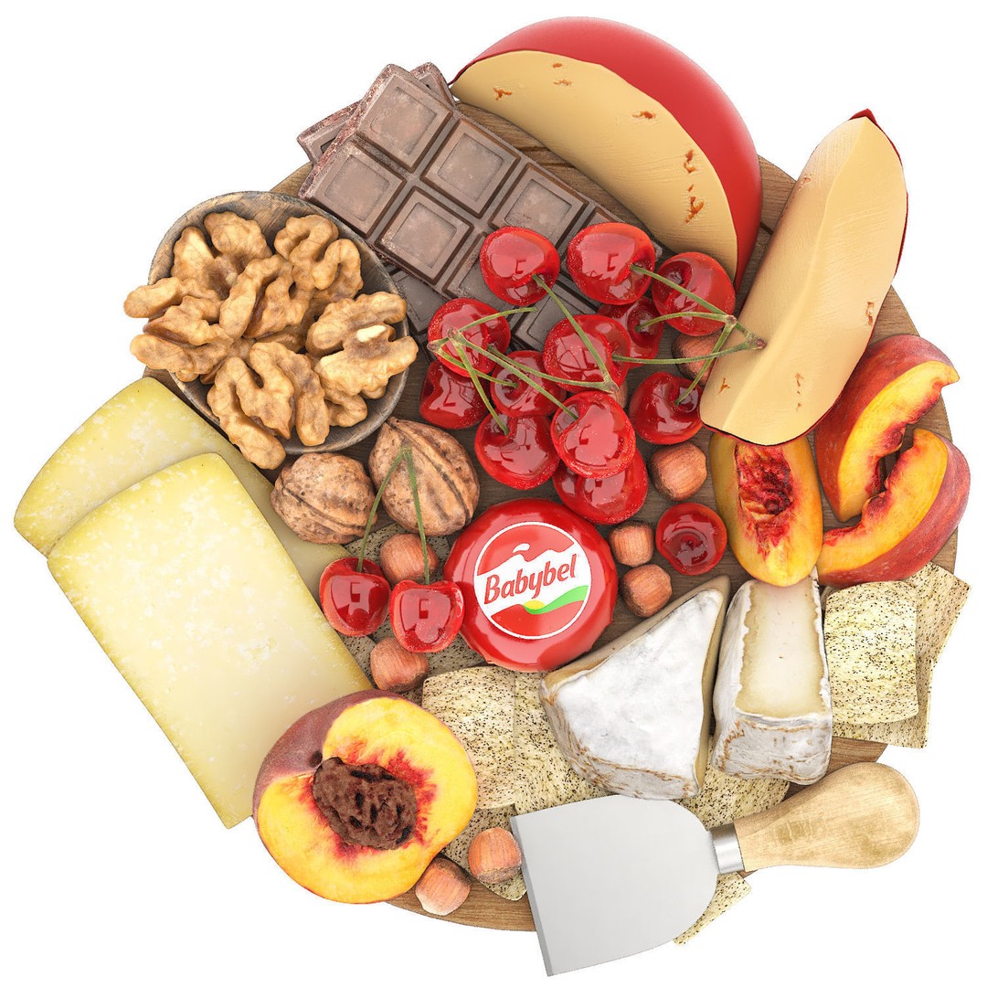 Plate of Cheese, Nuts, and Fruits 3D Model – High Poly PBR Asset, OBJ - View 4