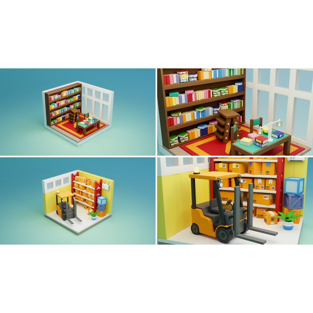 Cozy Cartoon Profession Rooms Interiors 3D Model – Low Poly Asset Pack, FBX - View 13