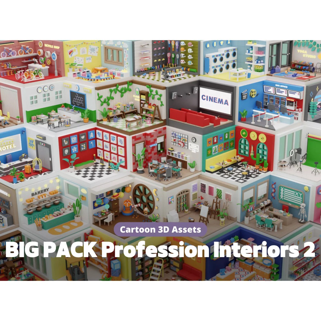 Cozy Cartoon Profession Rooms Interiors 3D Model – Low Poly Asset Pack, FBX - View 2