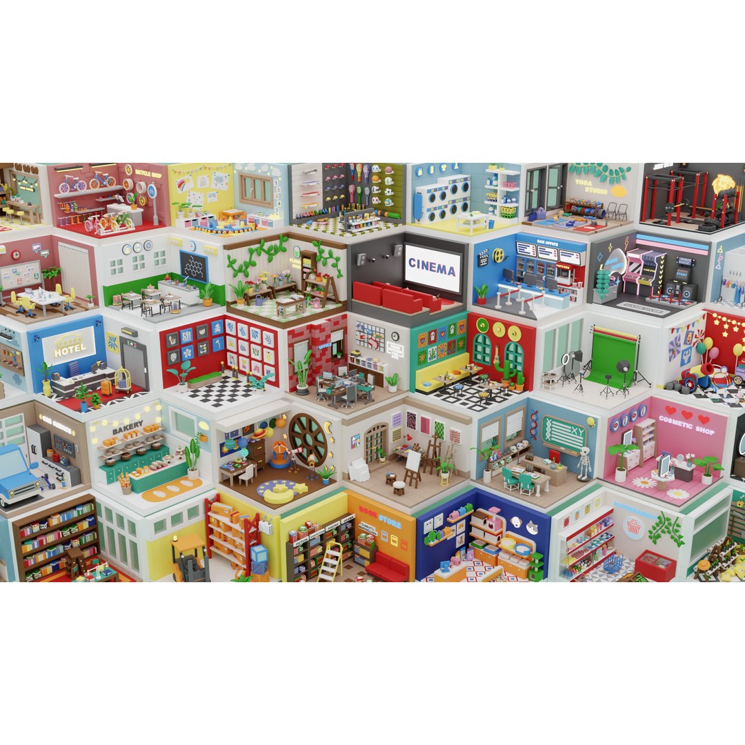 Cozy Cartoon Profession Rooms Interiors 3D Model – Low Poly Asset Pack, FBX - View 3
