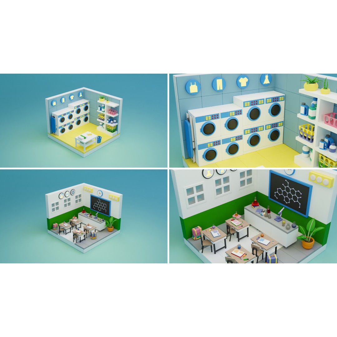 Cozy Cartoon Profession Rooms Interiors 3D Model – Low Poly Asset Pack, FBX - View 6