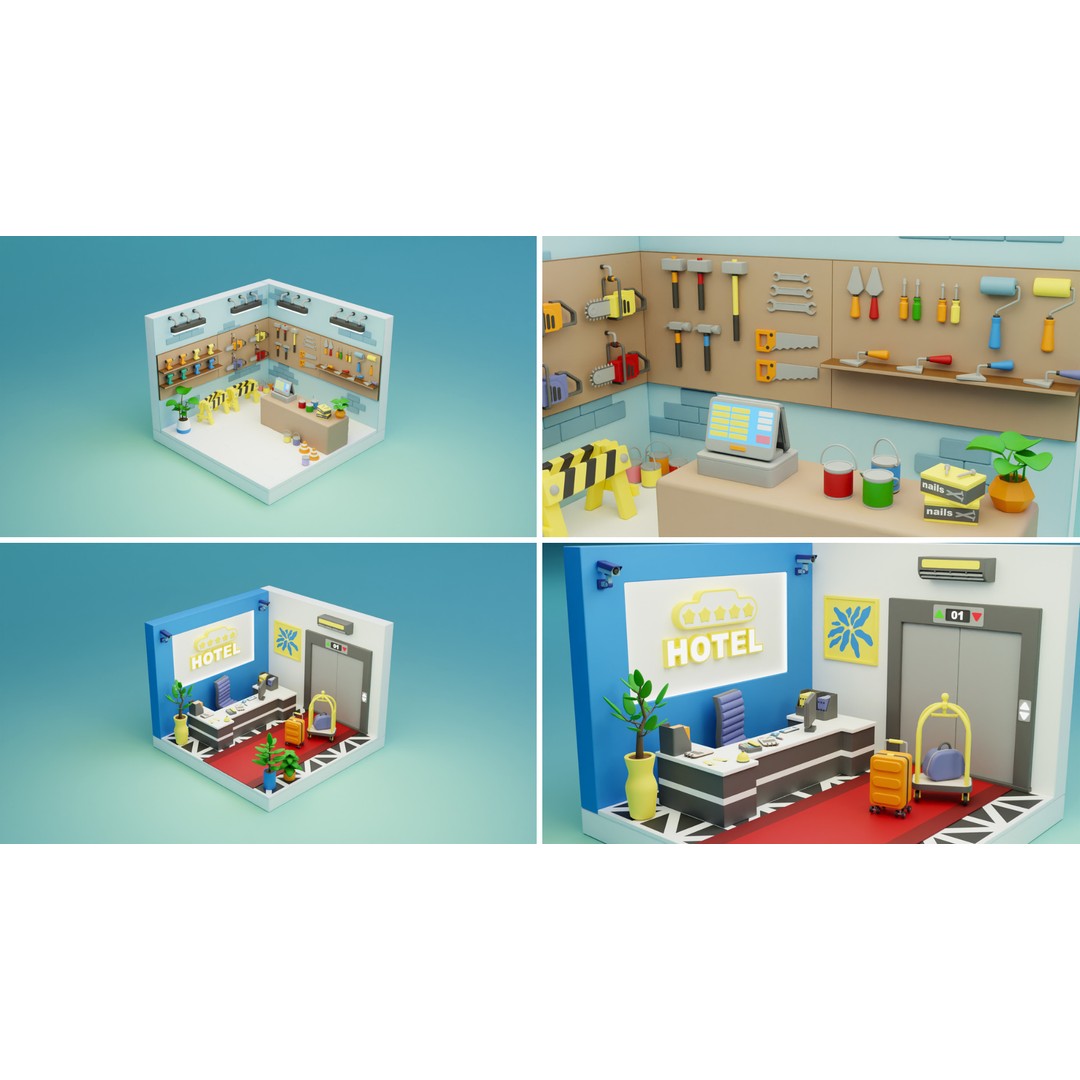 Cozy Cartoon Profession Rooms Interiors 3D Model – Low Poly Asset Pack, FBX - View 9