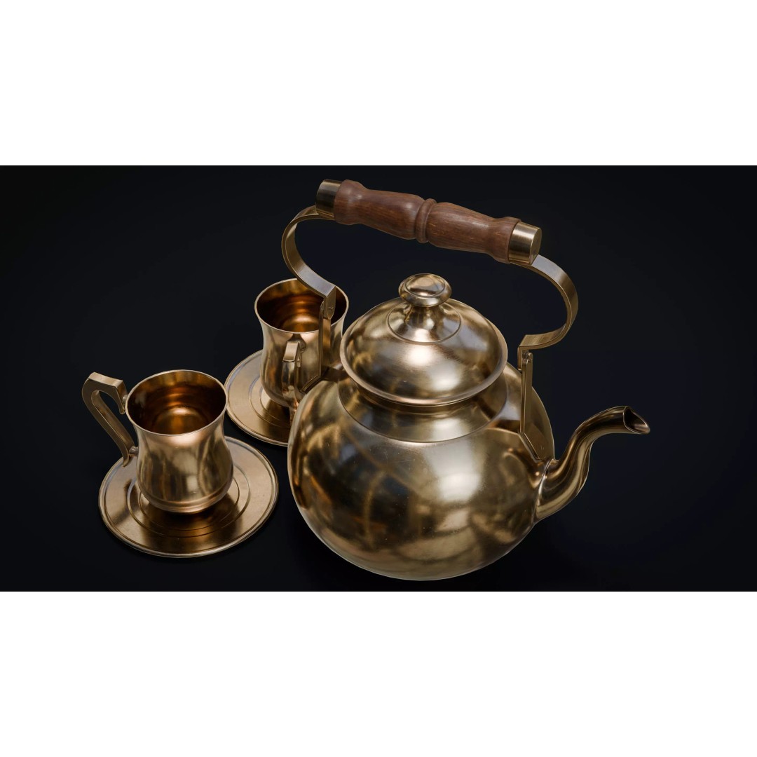 Brass Tea Set 3D Model – Low Poly Kitchenware with PBR Textures - View 11