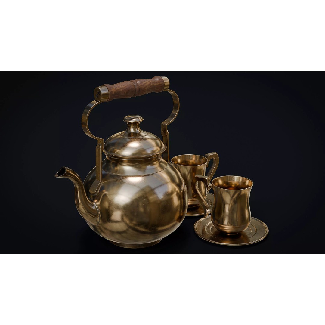 Brass Tea Set 3D Model – Low Poly Kitchenware with PBR Textures - View 2