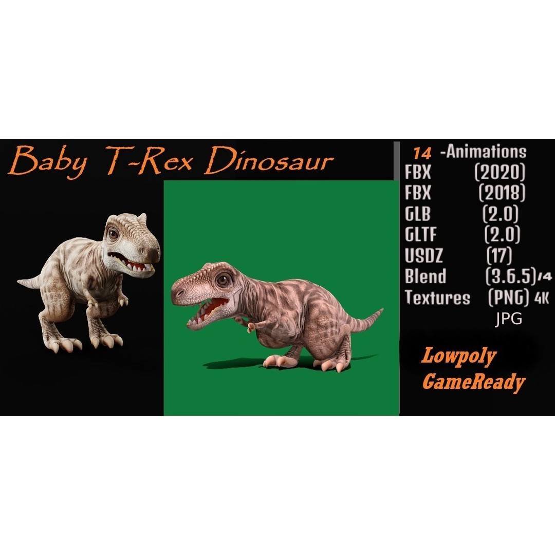 Baby T-Rex 3D Model – Low Poly Game Ready Character, FBX & Blender - View 3