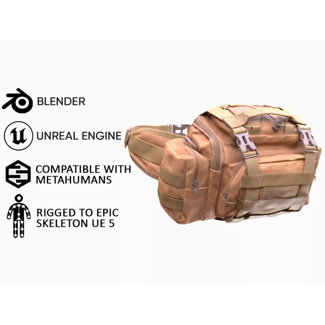 Tactical Waist Bag 3D Model – Rigged Low-Poly Game Asset, FBX, Blender - View 2